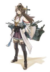 Rule 34 | 10s, 1girl, ahoge, black footwear, black thighhighs, boots, brown eyes, brown hair, detached sleeves, double bun, full body, hair bun, hairband, hands on own hips, headgear, japanese clothes, kantai collection, kirusu, kongou (kancolle), long hair, machinery, nontraditional miko, ribbon-trimmed sleeves, ribbon trim, sketch, skirt, smile, solo, standing, thigh boots, thighhighs, zettai ryouiki