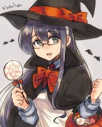 Rule 34 | 1girl, black hair, candy, cape, collared shirt, food, glasses, green eyes, hairband, hat, kantai collection, lollipop, matsunaga (haku), necktie, one-hour drawing challenge, ooyodo (kancolle), ribbon, shirt, solo, witch hat