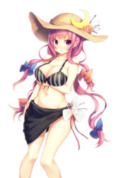 Rule 34 | 1girl, :o, alternate costume, bikini, blush, bow, breast hold, breasts, cleavage, crescent, crescent moon, flower, groin, hair bow, hat, large breasts, moon, navel, patchouli knowledge, purple eyes, purple hair, quad tails, sarong, solo, striped bikini, striped clothes, sun hat, swimsuit, touhou, vertical-striped bikini, vertical-striped clothes, yuki usagi (snowcanvas)