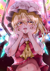 Rule 34 | 1girl, absurdres, ascot, backlighting, blonde hair, blouse, breasts, collared shirt, commentary request, crystal, flandre scarlet, frilled shirt collar, frilled sleeves, frills, glowing, glowing wings, hair between eyes, hands on own face, hat, hat ribbon, highres, looking at viewer, mahoro (minase mahoro), medium hair, midriff, mob cap, moon, nail polish, navel, open mouth, orange eyes, outdoors, pink nails, puffy short sleeves, puffy sleeves, red moon, red ribbon, red vest, ribbon, shirt, short sleeves, side ponytail, small breasts, solo, teeth, tongue, tongue out, touhou, upper body, upper teeth only, vest, white hat, white shirt, wings, yandere trance, yellow ascot