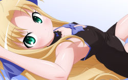 Rule 34 | arms up, astarotte ygvar, blonde hair, blush, bow, child, green eyes, hair bow, highres, lingerie, long hair, looking back, lotte no omocha!, lying, on back, on side, pajamas, panties, smile, sugimura tomokazu, twintails, underwear, very long hair, wallpaper