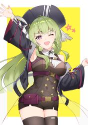 Rule 34 | 1girl, absurdres, arknights, arm up, armpits, bad hands, black hat, black jacket, border, brown dress, brown thighhighs, buttons, commentary, dress, feather hair, green hair, hat, highres, jacket, k@bu, looking at viewer, one eye closed, open mouth, poncirus (arknights), pouch, purple eyes, sidelocks, simple background, sleeveless, sleeveless dress, smile, solo, star (symbol), thighhighs, waving, yellow background
