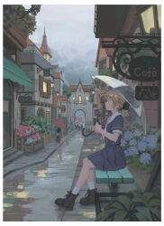 Rule 34 | 1girl, absurdres, arch, bench, black footwear, blonde hair, boots, border, building, closed mouth, commentary request, flower, green eyes, hair ornament, hairclip, highres, holding, holding umbrella, hyxifeng, long hair, looking up, original, outdoors, plant, road, shirt, short sleeves, sign, sitting, skirt, socks, street, umbrella, white border, white socks