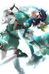 Rule 34 | 1boy, aqua eyes, artist request, ass, blue hair, braid, cape, floating, from behind, genshin impact, harp, hat, highres, instrument, leggings, leggings under shorts, looking at viewer, open mouth, pantyhose, shorts, smile, solo, twin braids, venti (genshin impact)