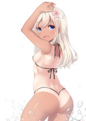 Rule 34 | 10s, 1girl, :d, arms up, ass, bikini, black bikini, blue eyes, breasts, contrapposto, cowboy shot, flower, from behind, hair flower, hair ornament, highres, kantai collection, light brown hair, long hair, looking at viewer, looking back, micro bikini, one-piece tan, open mouth, ro-500 (kancolle), sideboob, simple background, small breasts, smile, solo, standing, swimsuit, tan, tanline, thong bikini, tsukimizu (ordeal), water drop, white background