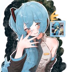 Rule 34 | 04minn, 1girl, alternate hairstyle, black sleeves, blue eyes, blue hair, blue nails, blue necktie, blush stickers, closed mouth, collared shirt, detached sleeves, hair between eyes, hand up, hatsune miku, head tilt, headset, highres, long hair, looking at viewer, nail polish, necktie, photo-referenced, reference inset, shirt, side ponytail, sleeveless, sleeveless shirt, smile, solo, spread fingers, upper body, vocaloid