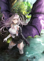 Rule 34 | 5girls, armor, bare shoulders, black skirt, boots, breasts, demon girl, demon wings, gauntlets, gloves, grey hair, haori io, highres, horns, jewelry, long hair, looking at viewer, medium breasts, multiple girls, original, parted lips, plant, skirt, thigh boots, thighhighs, tree, water, white gloves, wings, yellow eyes