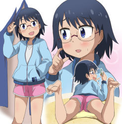 Rule 34 | 1girl, ass, barefoot, black hair, blue eyes, blush, breasts, collarbone, fang, feet, glasses, hand in pocket, hodaka natsumi, houkago teibou nisshi, ki (adotadot), looking at viewer, lying, multiple views, on stomach, open mouth, panties, pink shorts, short hair, shorts, small breasts, smile, spread legs, standing, sweat, underwear, white panties