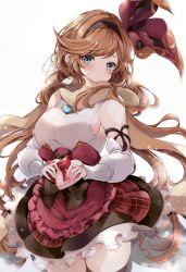 Rule 34 | 1girl, apron, aqua eyes, bare shoulders, black hairband, box, breasts, brooch, brown hair, brown scarf, brown thighhighs, clarisse (granblue fantasy), clarisse (valentine) (granblue fantasy), corset, detached sleeves, frilled apron, frills, gift, gift bag, granblue fantasy, hair ribbon, hairband, heart-shaped box, highres, holding, holding gift, jewelry, long hair, long sleeves, plaid, plaid skirt, purple apron, purple ribbon, red ribbon, red skirt, ribbon, scarf, sideboob, simple background, skirt, solo, soraneko hino, swept bangs, tassel, thigh gap, thighhighs, twitter username, very long hair, waist apron, white background