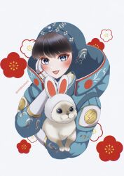 Rule 34 | 1girl, absurdres, animal, animal ears, animification, apex legends, blue headwear, blue jacket, blush, cat, eyeshadow, facial scar, fake animal ears, flower, grey background, highres, holding, holding animal, holding cat, hood, hood down, jacket, lightning bolt symbol, looking at viewer, makeup, milmil7, nikola (apex legends), official alternate costume, operatic aquamarine wattson, rabbit ears, red eyeshadow, red flower, scar, scar on cheek, scar on face, smile, solo, upper body, wattson (apex legends)