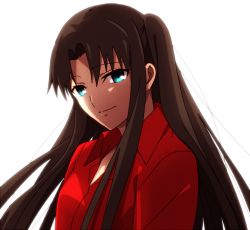 Rule 34 | 1girl, blue eyes, brown hair, chietori, fate/stay night, fate (series), long hair, one side up, simple background, solo, tohsaka rin, two side up