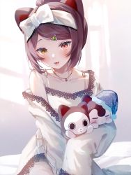 Rule 34 | 1girl, animal ears, blush, bow hairband, brown hair, dog ears, fangs, food-themed hair ornament, hair ornament, hairband, heterochromia, highres, inui toko, jewelry, lace-trimmed hairband, lace trim, long sleeves, looking at viewer, necklace, nijisanji, off shoulder, open mouth, shiroromi, shirt, sitting, sleeves past fingers, sleeves past wrists, smile, solo, swept bangs, virtual youtuber, white shirt, yellow eyes