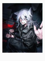 Rule 34 | 1girl, animal ears, arknights, black jacket, black pants, black shirt, blood, blood on face, border, cigarette, earrings, extra ears, grey eyes, hair between eyes, hair ornament, hairclip, hand up, highres, holding, holding cigarette, jacket, jewelry, lappland (arknights), looking at viewer, open mouth, pants, ring, scar, scar across eye, shirt, solo focus, teeth, tokinhr, white border, white hair, wolf ears, wolf girl