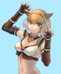 Rule 34 | 1girl, 2022, animal ears, artist name, adventurer (ff11), black gloves, blonde hair, blue eyes, blue hairband, breasts, cactus41747280, cat ears, cat girl, claw pose, cleavage, closed mouth, dated, elbow gloves, final fantasy, final fantasy xi, fingerless gloves, fingernails, gloves, hairband, hands up, highres, blue background, looking at viewer, low ponytail, medium breasts, mithra (ff11), multicolored hairband, navel, red hairband, short hair, smile, white hairband