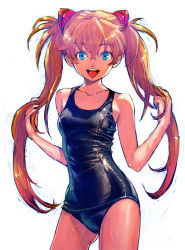 Rule 34 | 1girl, :d, bare shoulders, blue eyes, blush, boyaking, breasts, brown hair, collarbone, face, hair ornament, long hair, neon genesis evangelion, one-piece swimsuit, open mouth, orange hair, revision, school swimsuit, shiny clothes, skindentation, smile, solo, souryuu asuka langley, swimsuit, twintails, very long hair, wet, wet clothes