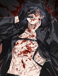 Rule 34 | 1boy, belt, black belt, black coat, black gloves, black hair, blood, blood on clothes, blood on face, chest belt, coat, ear piercing, fangs, gloves, hair between eyes, hand on own face, highres, hood, hood up, hooded coat, ierotak, long sleeves, looking at viewer, male focus, open clothes, open coat, orange eyes, original, parted lips, pectoral cleavage, pectorals, piercing, scar, scar on chest, solo, sweat, toned, toned male, tongue, tongue out, twitter username, upper body