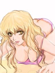 Rule 34 | 1girl, agahat, bad perspective, blonde hair, breasts, brown eyes, butt crack, camisole, cleavage, downblouse, frilled panties, frills, highres, large breasts, licking lips, lingerie, macross, macross frontier, panties, pink panties, sheryl nome, solo, tongue, tongue out, underwear