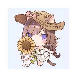 Rule 34 | 1girl, animal, animal ears, bad id, bad twitter id, bare arms, bare shoulders, blue background, blush, blush stickers, bow, braid, brown hair, brown hat, cat, cat ears, cat girl, cat tail, chibi, commentary request, dress, ears through headwear, flower, full body, hair bow, hat, hat bow, holding, holding flower, leo (mafuyu), long hair, looking at viewer, lowres, mafuyu (chibi21), multicolored hair, original, parted lips, pink bow, purple eyes, purple hair, sleeveless, sleeveless dress, solo, standing, straw hat, streaked hair, sunflower, tail, twin braids, twitter username, two-tone background, very long hair, white background, white cat, white dress, white footwear, yellow flower