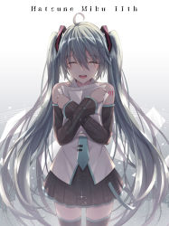 Rule 34 | 1girl, :d, ^ ^, ahoge, akira (been0328), aqua hair, bad id, bad pixiv id, black skirt, black thighhighs, blue necktie, blush, character name, closed eyes, commentary request, constellation, cowboy shot, crying, detached sleeves, facing viewer, gradient background, grey hair, hair between eyes, happy tears, hatsune miku, holding, long hair, long sleeves, looking at viewer, miniskirt, necktie, number tattoo, open mouth, paper, round teeth, shirt, shoulder tattoo, skirt, smile, solo, sparkle, tattoo, tears, teeth, thighhighs, twintails, upper teeth only, very long hair, vocaloid, white shirt, x arms, zettai ryouiki