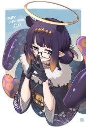 Rule 34 | 1girl, 2021, a:n (angrynum), alternate costume, black gloves, black hair, blue eyes, blush, borrowed design, cropped torso, double bun, fur scarf, glasses, gloves, hair bun, halo, happy new year, highres, hololive, hololive english, japanese clothes, kimono, looking down, mole, mole under eye, new year, ninomae ina&#039;nis, obi, own hands together, pointy ears, sash, smile, solo, tentacles, virtual youtuber, yukata