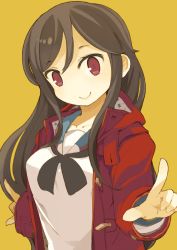 Rule 34 | 1girl, a channel, bad id, bad nicoseiga id, black hair, coat, highres, long hair, looking at viewer, mota, nishi yuuko, no nose, pointing, red eyes, school uniform, simple background, smile, solo, upper body, yellow background