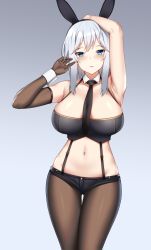 Rule 34 | 1girl, animal ears, armpits, arms up, azur lane, bare shoulders, black necktie, black pantyhose, black shorts, blue eyes, blush, breasts, brown gloves, cleavage, collarbone, commentary, cowboy shot, crop top, detached collar, elbow gloves, english commentary, fake animal ears, gloves, gradient background, grey background, groin, hair between eyes, highres, kitsune udon (ai br), large breasts, leotard, looking at viewer, micro shorts, midriff, navel, necktie, no mole, pantyhose, parted lips, playboy bunny, rabbit ears, short hair, shorts, sidelocks, silver hair, simple background, single elbow glove, smile, solo, standing, suspender shorts, suspenders, thigh gap, washington (azur lane), wrist cuffs