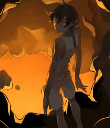 Rule 34 | 1boy, backlighting, dark skin, from behind, looking back, male focus, original, shorts, solo, standing, tensen (dotted line)