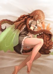 Rule 34 | 159cm, 1girl, animal request, anomalocaris, bare legs, barefoot, bed sheet, black dress, brown hair, curled up, dress, closed eyes, from above, from side, hair between eyes, insect wings, lying, medium hair, on bed, on side, original, profile, short sleeves, sleeping, solo, tail, wings