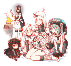 Rule 34 | 10s, 6+girls, abyssal ship, ahoge, airfield princess, apron, baby, battleship princess, black hair, blue eyes, claws, cooking, fire, gothic lolita, horns, isolated island oni, kantai collection, lolita fashion, meoon, monster, multiple girls, northern ocean princess, open mouth, orange eyes, pale skin, red eyes, seaport princess, single horn, sweatdrop, white hair, wo-class aircraft carrier, aged down
