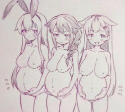 Rule 34 | 3girls, :3, alternate breast size, big belly, blush, braid, braided ponytail, breasts, collarbone, commentary request, completely nude, embarrassed, hairband, hands on own stomach, kantai collection, large breasts, long hair, looking at viewer, monochrome, multiple girls, navel, nipples, nude, open mouth, pregnant, pussy, shigure (kancolle), shimakaze (kancolle), standing, traditional media, tsukareta san, yuudachi (kancolle)