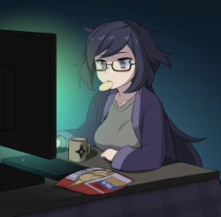 Rule 34 | 10s, 1girl, aged up, alternate universe, ayame (gundam build divers), bags under eyes, bespectacled, black-framed eyewear, black hair, breast rest, breasts, breasts on table, chips (food), commentary request, computer, cup, food, food in mouth, glasses, gradient background, gundam, gundam build divers, honda naoki, indoors, jacket, keyboard (computer), large breasts, long hair, long sleeves, messy hair, monitor, mouse (computer), mug, potato chips, purple eyes, semi-rimless eyewear, simple background, sitting, solo, table, under-rim eyewear