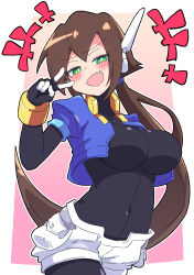 Rule 34 | 1girl, absurdres, aile (mega man zx), black bodysuit, blush, blush stickers, bodysuit, breasts, brown hair, buzzlyears, covered navel, cropped jacket, fangs, female focus, green eyes, heart, highres, jacket, large breasts, long hair, mega man (series), mega man zx, mega man zx advent, naughty face, open clothes, open jacket, ponytail, robot ears, shorts, smile