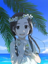 Rule 34 | 1girl, black eyes, black hair, cat, day, dress, flower, head wreath, holding, long hair, low twintails, morifumi, open mouth, original, outdoors, palm tree, smile, solo, tree, twintails, water, white dress