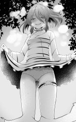 Rule 34 | 1girl, absurdres, chain, clothes lift, commentary request, cuffs, ghost tail, greyscale, hair between eyes, hair ornament, hair tubes, highres, kamunika, miyadeguchi mizuchi, monochrome, panties, ponytail, prison clothes, shackles, sharp teeth, shirt, skirt, skirt lift, skull hair ornament, solo, spoilers, striped clothes, striped shirt, striped skirt, teeth, touhou, underwear, upper teeth only