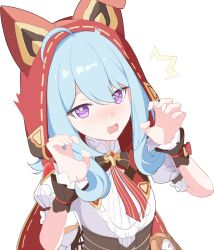 Rule 34 | 1girl, ^^^, ahoge, animal ears, animal hood, black bow, blue hair, blush, bow, claw pose, fake animal ears, griseo, griseo (starry impression), hair between eyes, hands up, highres, honkai (series), honkai impact 3rd, hood, hood up, liliya qiaokuoai, looking at viewer, nose blush, open mouth, puffy short sleeves, puffy sleeves, purple eyes, shirt, short sleeves, simple background, solo, upper body, white background, white shirt, wrist cuffs