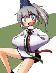 Rule 34 | 1girl, :d, blue eyes, constricted pupils, grey hair, hat, head tilt, japanese clothes, kariginu, konohana saku, looking at viewer, mononobe no futo, no nose, open mouth, own hands together, ponytail, ribbon trim, shorts, simple background, smile, solo, striped, striped background, tate eboshi, touhou, two-tone background, wide sleeves