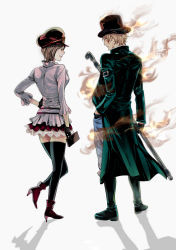 Rule 34 | 1boy, 1girl, absurdres, blonde hair, dressrosa, fire, goggles, hand in pocket, hat, highres, koala (one piece), one piece, pole, sabo (one piece), skirt, standing, thighhighs, top hat, yuu (1969loy)