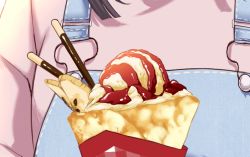 Rule 34 | 1girl, banana, banana slice, commentary, crepe, criis-chan, danganronpa (series), danganronpa 2: goodbye despair, english commentary, food, food focus, food wrapper, fruit, ice cream, long hair, out of frame, overalls, pink shirt, pocky, shirt, solo, tsumiki mikan, unfinished