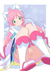 Rule 34 | 1girl, anus, boots, bow, braid, censored, closed mouth, commentary, cure prism, dress, dutch angle, earrings, floating, gloves, green eyes, hair bow, highres, hirogaru sky! precure, jewelry, long hair, looking at viewer, magical girl, miyagoe yoshitsuki, mosaic censoring, nijigaoka mashiro, outside border, panties, panty pull, pink hair, precure, pussy, short dress, smile, solo, underwear, white bow, white dress, white footwear, white gloves, white panties