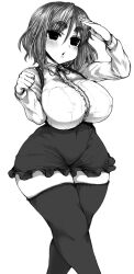 Rule 34 | 1girl, blush, breasts, center frills, collared shirt, commentary request, covered navel, frills, greyscale, haseru (ginku mh), highres, kazami yuuka, large breasts, long sleeves, looking at viewer, monochrome, open mouth, shirt, simple background, solo, thick eyebrows, thighhighs, touhou
