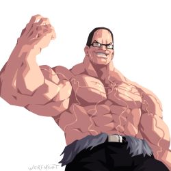 Rule 34 | 1boy, belt, black belt, black hair, black pants, clenched hand, glasses, hair behind ear, highres, leaning back, male focus, metal gear (series), metal gear rising: revengeance, muscular, muscular male, pants, solo, steven armstrong, topless male, veins, werfmight, white background