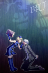 Rule 34 | 1boy, 1girl, atlus, blouse, blue dress, blue skirt, book, boots, copyright name, different shadow, dress, elizabeth (persona), full body, gloves, grabbing another&#039;s chin, grey eyes, hand on another&#039;s chin, hat, highres, izanagi (persona 4), jacket, narukami yuu, no legwear, persona, persona 3, persona 4, persona 4: the ultimate in mayonaka arena, school uniform, shirt, short hair, skirt, smile, thanatos (persona), thigh boots, thighhighs, tokiwa (mukoku), torn clothes, torn jacket, white hair, white shirt, yellow eyes