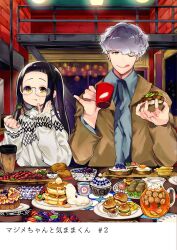 Rule 34 | 1boy, 1girl, :p, black hair, blueberry, bread, bread slice, commentary request, cup, eating, egg (food), food, food on face, fork, fruit, glasses, grey hair, holding, holding cup, holding fork, indoors, juice, long hair, long sleeves, looking at viewer, one eye closed, orange juice, original, pancake, short hair, sitting, sweets, toast, tongue, tongue out, yatomomin, yellow eyes