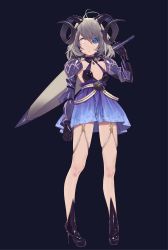 Rule 34 | 1girl, armor, blue eyes, breasts, closed mouth, expressionless, full body, grey hair, heterochromia, high heels, highres, holding, holding sword, holding weapon, horns, kitada mo, looking at viewer, medium breasts, mismatched sclera, original, short hair, solo, standing, sword, thighs, weapon, weapon on back, white eyes