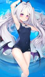 Rule 34 | 1girl, absurdres, armpits, bare arms, bare shoulders, blue archive, blue one-piece swimsuit, blush, breasts, covered navel, hair ornament, hairclip, highres, hina (blue archive), hina (swimsuit) (blue archive), horns, innertube, long hair, looking at viewer, low wings, lying, name tag, old school swimsuit, on side, one-piece swimsuit, parted bangs, parted lips, purple eyes, purple wings, school swimsuit, silver hair, small breasts, solo, somray, swim ring, swimsuit, very long hair, water, wings