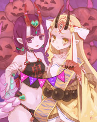 Rule 34 | 2girls, bare shoulders, beads, black fundoshi, blonde hair, breasts, chinese clothes, collarbone, dudou, earrings, eyeliner, facial mark, fang, fate/grand order, fate (series), forehead, forehead jewel, forehead mark, fundoshi, hair pulled back, hair ribbon, heart, highres, horns, ibaraki douji (fate), jack-o&#039;-lantern, japanese clothes, jewelry, kimono, long sleeves, looking at viewer, low twintails, makeup, multiple girls, navel, oni, open mouth, pointy ears, pumpkin, purple eyes, purple hair, purple kimono, ribbon, sash, short eyebrows, short hair, short twintails, shuten douji (fate), shuten douji (fate/grand order), shuten douji (halloween caster) (fate), skin-covered horns, small breasts, tattoo, twintails, white ribbon, wide sleeves, yellow eyes, yellow kimono, yo-cchi