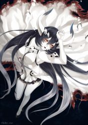 Rule 34 | 10s, 1girl, abyssal ship, anchorage water oni, bad id, bad pixiv id, black hair, breasts, colored skin, dress, covered erect nipples, from above, horns, kake (kuromitsu), kantai collection, long hair, medium breasts, open mouth, orange eyes, overskirt, solo, torn clothes, torn dress, white skin
