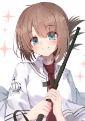 Rule 34 | 1girl, absurdres, aqua eyes, blush, breasts, capelet, closed mouth, clothes writing, collar, collared shirt, commentary, folded ponytail, hair between eyes, happy, head tilt, highres, holding, holding whip, light brown hair, long hair, looking at viewer, necktie, nodoameyatou, red necktie, school uniform, shirt, short sleeves, sidelocks, simple background, small breasts, smile, solo, sparkle, subarashiki hibi, tachibana kimika, upper body, white background, white capelet, white collar, white shirt