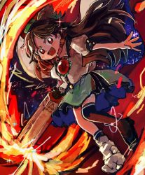 Rule 34 | 1girl, arm cannon, bow, brown hair, frilled skirt, frills, full body, green bow, green skirt, hair bow, long hair, open mouth, puffy short sleeves, puffy sleeves, red eyes, reiuji utsuho, rome35793562, short sleeves, skirt, smile, solo, touhou, weapon, wings