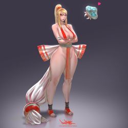 Rule 34 | 1girl, artist name, bare legs, blonde hair, blue eyes, blue nails, breasts, cleavage, cosplay, crossed arms, crossover, curvy, fatal fury, feet, female focus, full body, heart, high ponytail, hip focus, japanese clothes, kimono, large breasts, long hair, looking at viewer, metroid, metroid (creature), mole, nail polish, nintendo, obi, patreon username, pelvic curtain, pinkdrawz, ponytail, revealing clothes, rope, samus aran, sash, shiranui mai, shiranui mai (cosplay), sideboob, sleeveless, smile, snk, socks, solo, standing, the king of fighters, thick thighs, thighs, toes, watermark, web address, wide hips